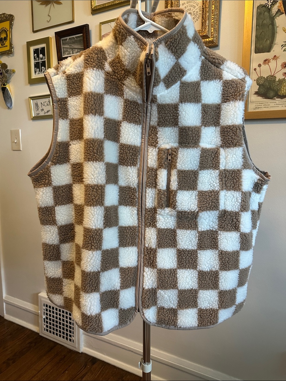 ModCloth Brown and Cream Checkered Sherpa Vest